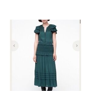Sea New York Flutter Sleeve Lace-Trim Azzedine Emerald Smoked Midi Dress Size 4